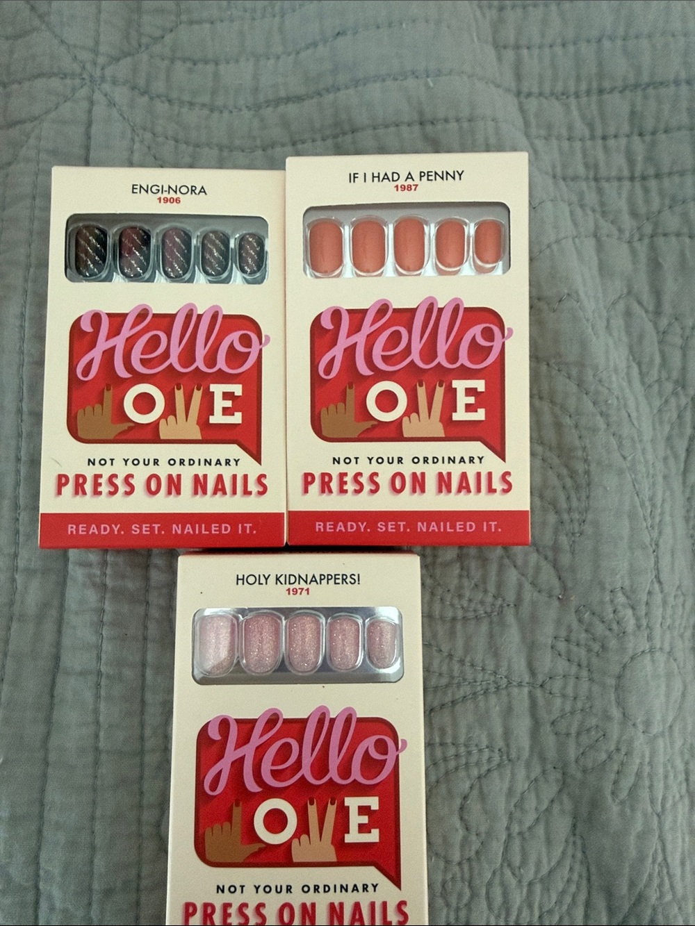 Hello Love Press-On Nails Trio — Peach, Pink Glitter, Multicolor